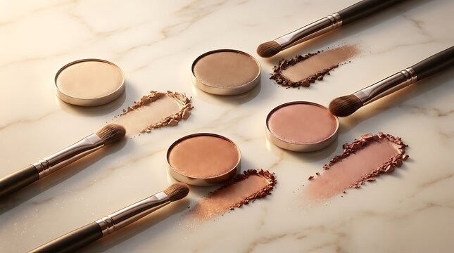 Cosmetic makeup powder palettes and professional brushes for beauty and face contouring on a light surface. eyeshadow application guide
