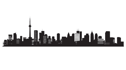 Obraz premium Toronto skyline vector illustration featuring iconic CN tower silhouette and modern urban architecture elements in sharp black graphic ink design