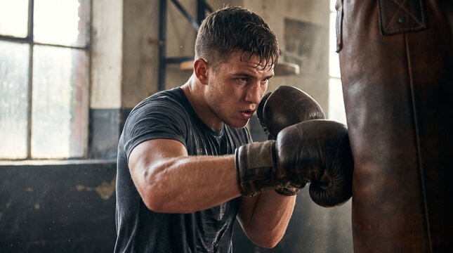 Close up action photo of sweaty boxer wearing vintage leather gloves punching heavy bag, intense boxing workout in gym.