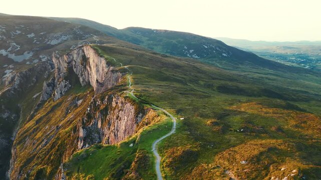 Aerial view of the dramatic Slieve League sea cliffs surrounded by rugged green landscapes in County Donegal, Ireland Donegal, Ireland - 28 August 2026.