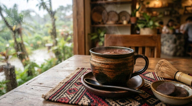 Steaming cup of rich hot chocolate in a rustic cafe beside a rain-covered tropical garden window.