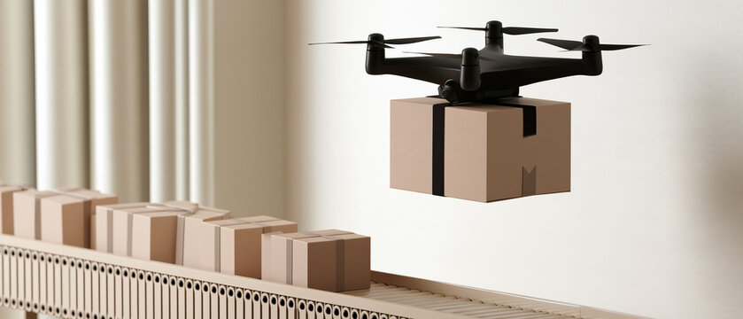 Drone Delivering Package: A modern drone hovers above a conveyor belt of packages, ready to deliver a cardboard box in a high-tech, futuristic logistic concept.