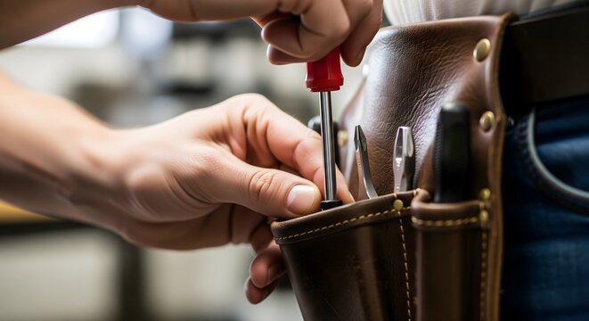 Professional carpenter puts a screwdriver into a leather tool belt