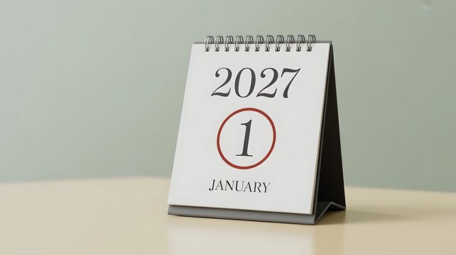 A white desk calendar showing january 1st 2027 with the number one circled in red on a neutral light surface representing the start of a year