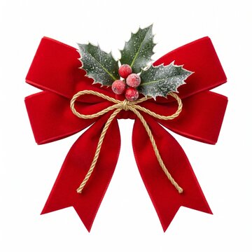 Velvet Red Holiday Bow with Holly Berries and Faux Snow Dusting