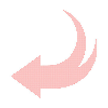 Red halftone dotted curved arrow pointing left on white background