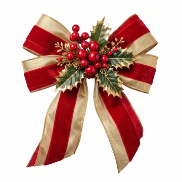 Holiday Bow with Holly Berries and Gold Ribbon Decorative Accent