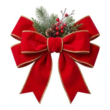 Elegant Red Velvet Holiday Bow with Pine and Berry Decoration