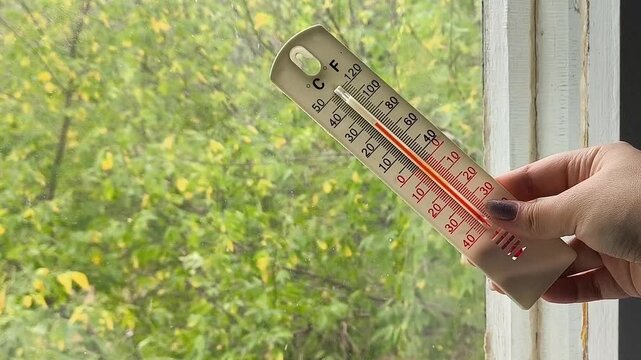 Close up of a woman checking a thermometer near a window while autumn trees with yellow leaves are visible outside, illustrating temperature monitoring, cooling weather and seasonal change.