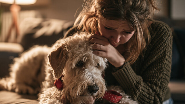 Broken with grief female dog grieving owner holding the lovely pet collar and deep weeping about animal loss.