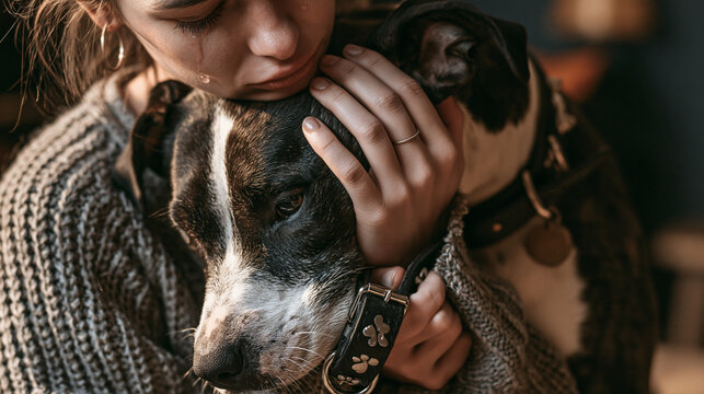 Broken with grief female dog grieving owner holding the lovely pet collar and deep weeping about animal loss. Home pets relatives and love concept