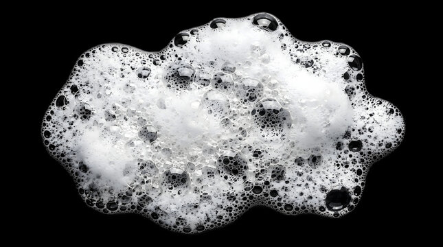 Ultra Realistic White Soap Foam and Bubbles Isolated on Black Background, Abstract Cleaning Texture, Liquid Lather, Glossy Transparent Bubbles, Macro Photography