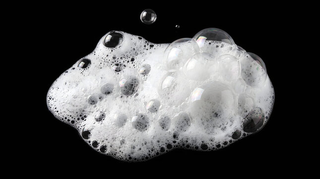 Ultra Realistic White Soap Foam and Bubbles Isolated on Black Background, Abstract Cleaning Texture, Liquid Lather, Glossy Transparent Bubbles, Macro Photography