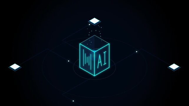 Artificial Intelligence AI isometric cube concept, glowing digital neural network data processing, futuristic machine learning technology animation