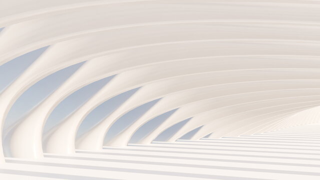 White curved architectural ribs sweep toward a distant right vanishing point beneath a pale blue sky in a bright 3D scene with repeating shadows and futuristic spatial design