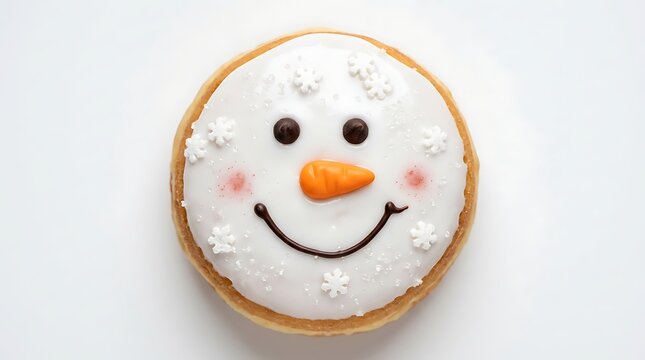 A festive snowman donut decorated with white icing, chocolate eyes, and an orange carrot nose