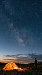 Obraz premium Vast starry sky over a silhouette of a woman standing by a glowing tent in a dark meadow, serene and still for travel and tourism boards