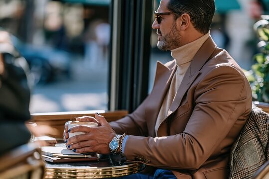 Male manicure with deep blue nail polish on a man holding a warm cup at a cafe, natural lifestyle shot for grooming and fashion campaigns