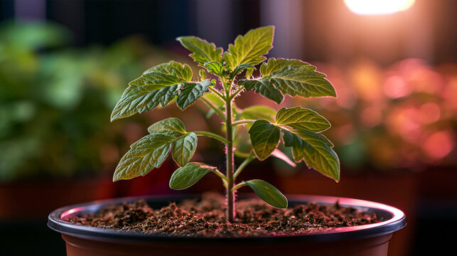 Tomato seedling under soft spectral light highlighting plant biotechnology advanced crop innovation and next generation food science