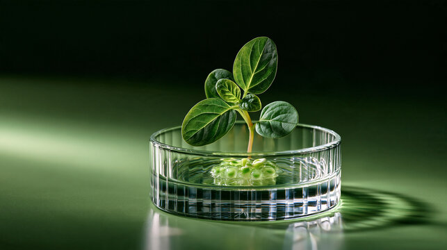 Plant stem cells in crystal petri dish with green light highlighting plant biotechnology and regenerative botanical science
