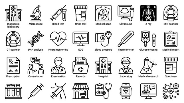 Comprehensive Medical Diagnostic and Clinical Laboratory Service Icons Set Featuring Professional Healthcare Equipment and Examination Procedures