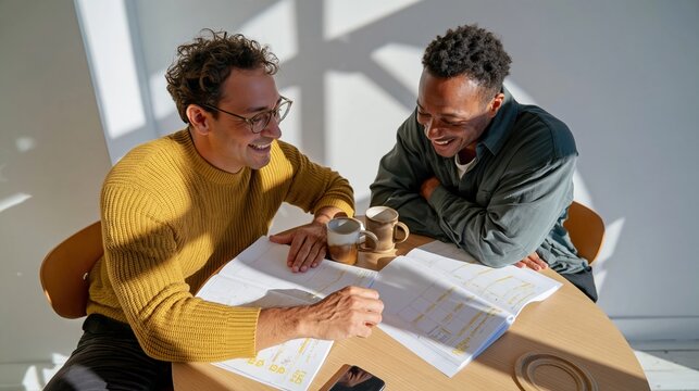 Open blank weekly planners on a light wood table, two young men discussing goals in a cozy home setting for planning and habit tracking