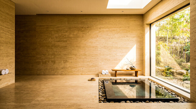 Serene Japandi style spa bathroom interior with sunken stone tub big window view and warm wood wall background