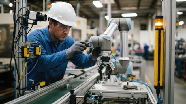 Technician calibrating a collaborative robot arm with machine vision camera and safety light curtain in a factory assembly cell