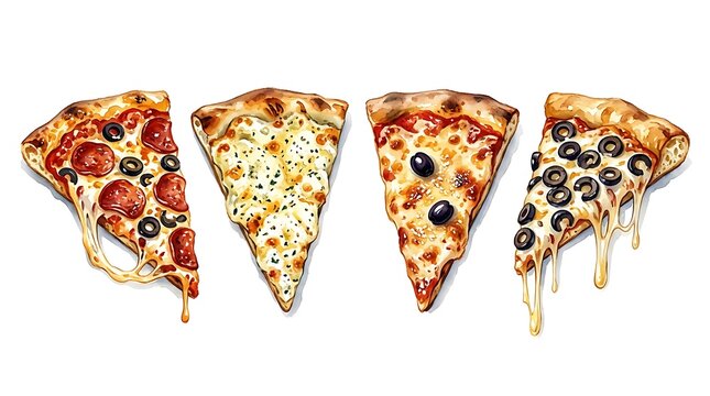 Four delicious pizza slices with various toppings isolated on white background