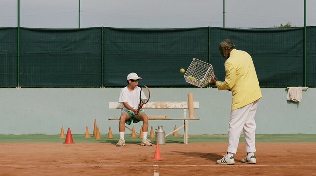 Tennis coach feeding balls from a wire hopper to a junior player on a dusty clay court for sports academies and training programs