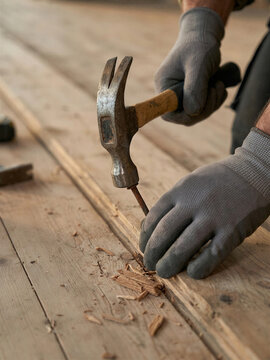 Builder hammering a nail into a wooden subfloor. Skilled construction work supports floor installation, repair, and home renovation