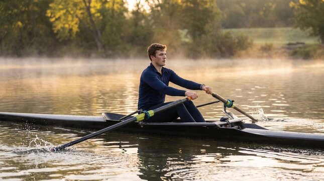 Side view action shot of young male rower sculling in single boat on calm river during misty sunrise morning.
