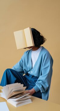 Surreal portrait of a reader with an open book instead of a head, featuring soft wool textures in a minimal beige setting for art and design