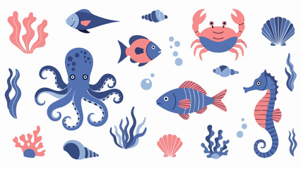 Fototapeta premium Set of Cute Sea Creatures and Underwater Life Illustrations.