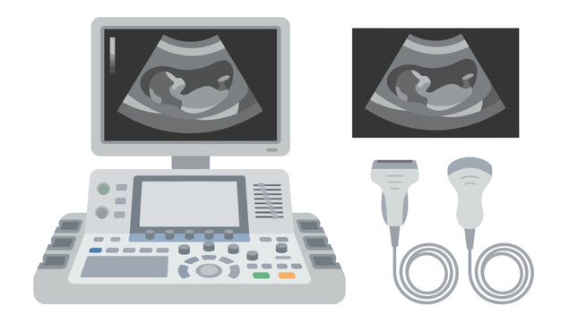 Ultrasound machine displaying fetal sonogram on screen alongside probes in a diagnostic medical clinic setting.
