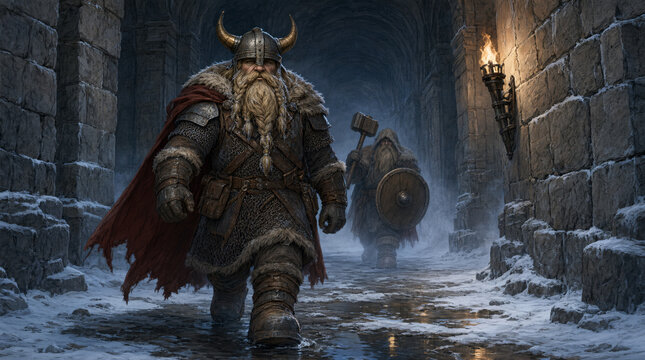 Cinematic AI art of a dwarf warrior with horned helmet walking through a snowy stone dungeon corridor with a companion.