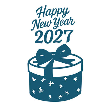 Happy New Year 2027 hand drawn lettering with festive gift boxes, ribbons and Christmas tree patterns. Winter holiday greeting illustration for cards, banners, posters and seasonal designs.