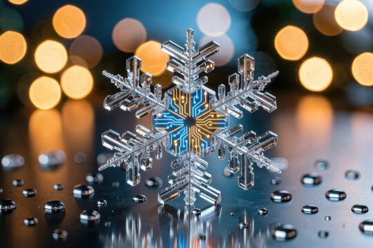 Digital snowflake sculpture with glowing circuit board pattern center