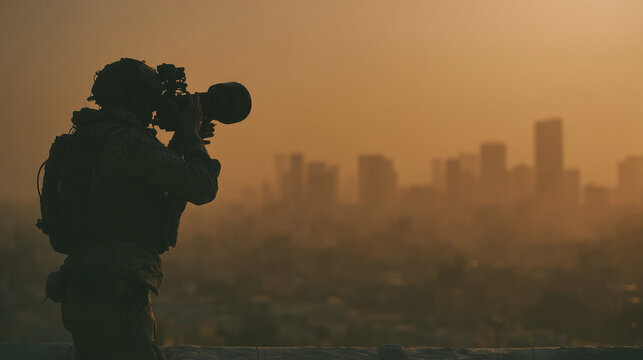 Soldier observing distant city through optics at sunset
