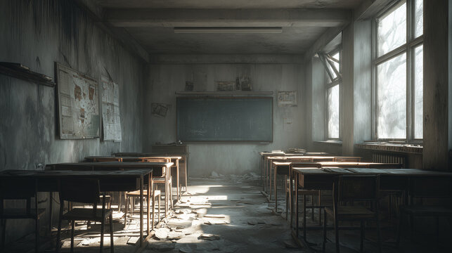 Abandoned classroom with old desks in decaying school building