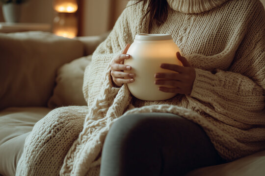Woman warming hands on glowing heater in cozy home interior