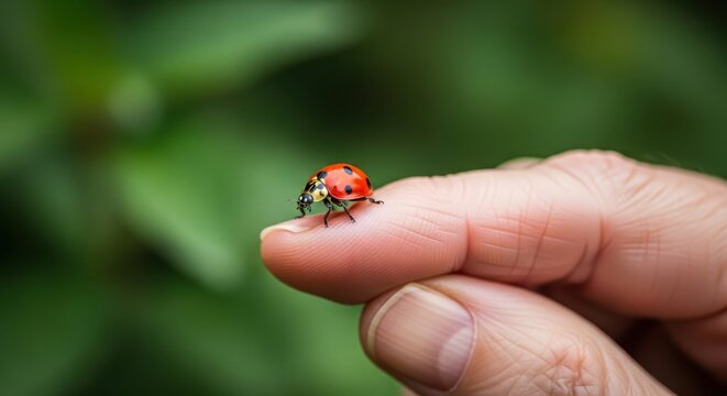 A small ladybug resting on a persons fingertip