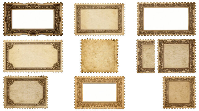 Vintage postage stamp frames collection with ornate decorative borders isolated on a white on transparent background