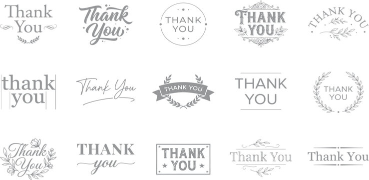 Collection of fifteen diverse hand drawn thank you lettering designs for greeting cards and social media posts