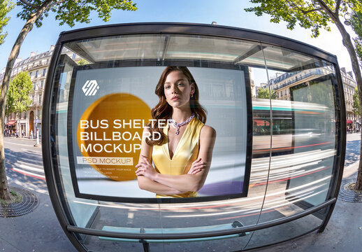 Horizontal Billboard Bus Shelter In Modern City Mockup &ndash; Wide Angle Fisheye View