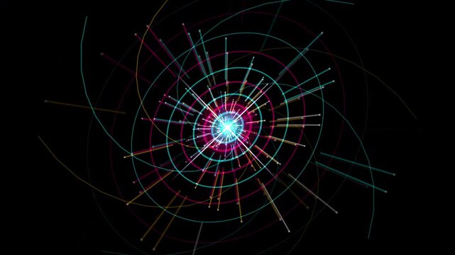 Futuristic particle collision animation, quantum physics energy burst with glowing lines, abstract science and technology motion graphics