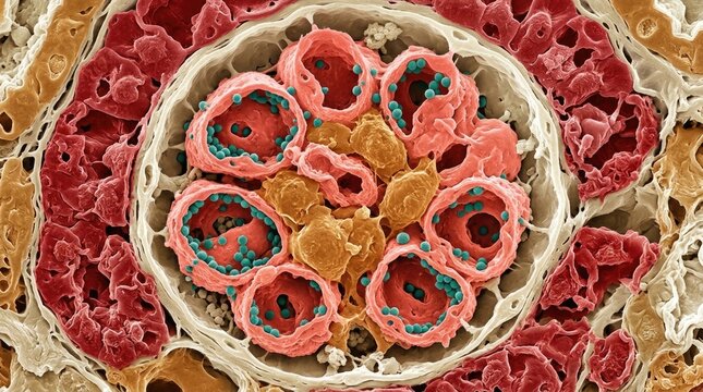 Hantavirus virion particle infecting kidney glomerulus tissue, showing cellular damage and microscopic renal corpuscle structure, false-color electron micrograph visualization.