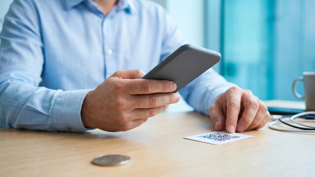 QR code scanning and mobile payment concept, hand holding smartphone over white code card with coin on office table for contactless checkout, digital wallet transaction and cashless banking