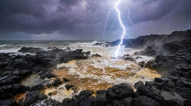 Lightning strike hitting prebiotic volcanic tide pool, demonstrating chemical synthesis, primordial atmospheric discharge generating amino acid precursor molecules, origin, life, abiogenesis.