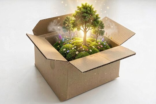 Magical miniature landscape with glowing trees inside cardboard box